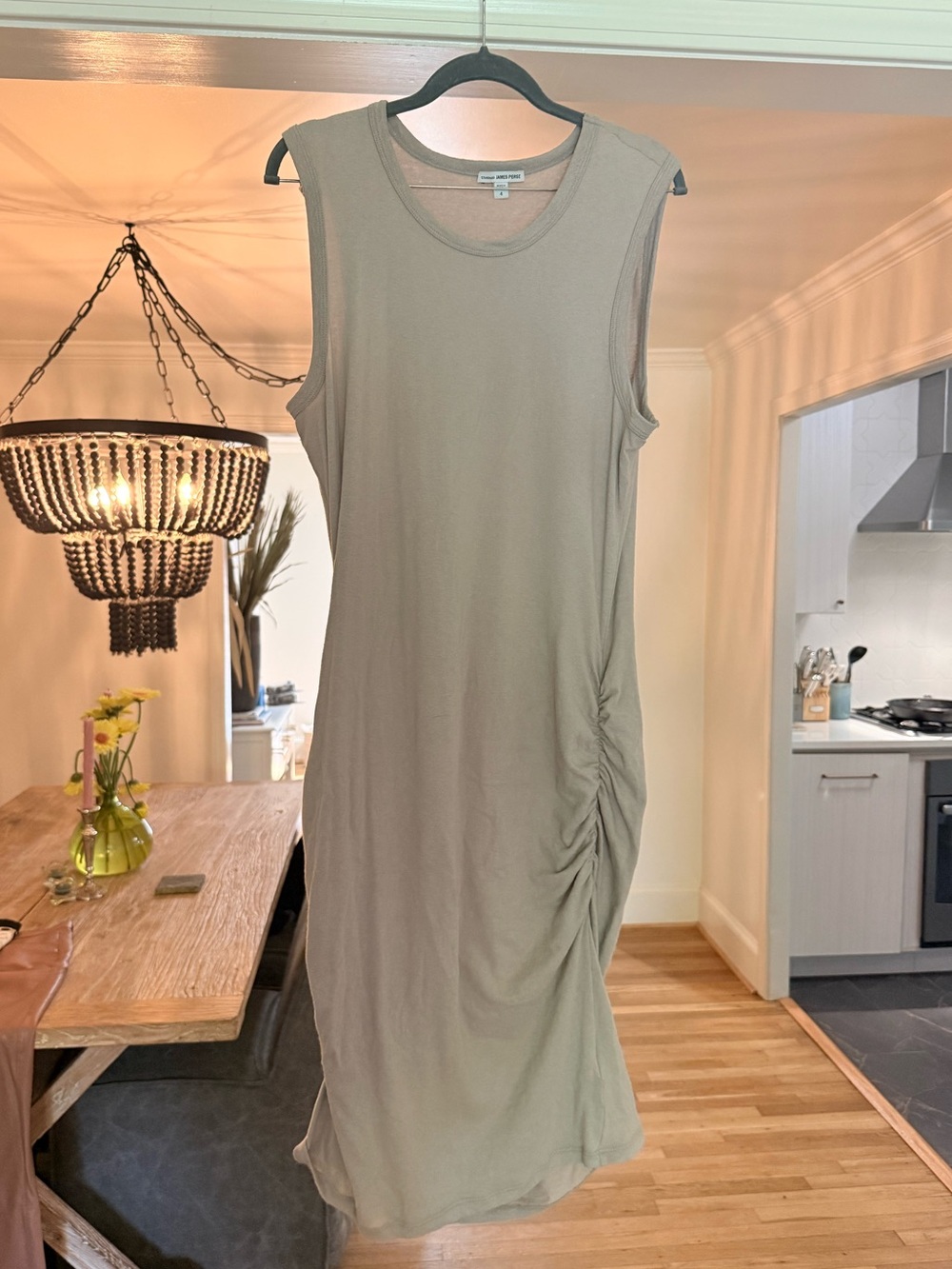 James Perse Sleeveless Ruched-Side Dress in Light Sage